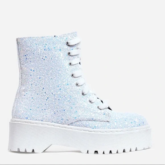 White Glitter Combat Boots - Picture 3 of 10